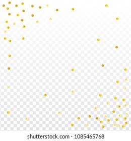 Gold Confetti Vector Background, Party Invitation Decor Element. Golden Dust, Flying Circle Yellow And Brown Glitter. Sparkle Dots, Round Tinsel Shiny Corners For Frame Or Border,