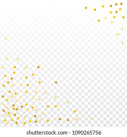 Gold confetti vector background, party invitation decor element. Golden dust, flying circle yellow and brown glitter. Sparkle dots, round tinsel shiny corners for frame or border,