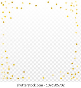 Gold confetti vector background, party invitation decor element. Golden dust, flying circle yellow and brown glitter. Sparkle dots, round tinsel shiny corners for frame or border,