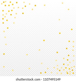 Gold confetti vector background, party invitation decor element. Golden polka dot flying circle yellow glitter. Sparkle dots, round tinsel shiny corners frame or border,