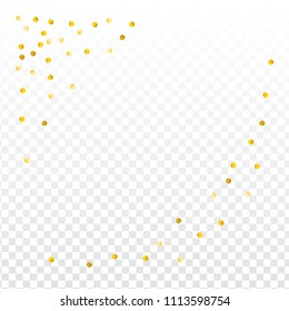 Gold confetti vector background, party invitation decor element. Golden dust, flying circle yellow and brown glitter. Sparkle dots, round tinsel shiny corners for frame or border,