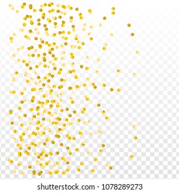Gold confetti vector background, round tinsel shiny party invitation decor element. Golden dust, flying circle yellow and brown glitter  frame or border. Sparkle dots, 