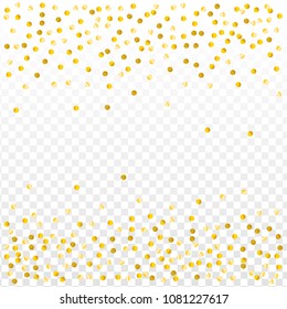 Gold confetti vector background, round tinsel shiny party invitation decor element. Golden dust, flying circle yellow and brown glitter  frame or border. Sparkle dots, 