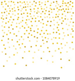 Gold confetti vector background, round tinsel shiny party invitation decor element. Golden dust, flying circle yellow and brown glitter  frame or border. Sparkle dots, 