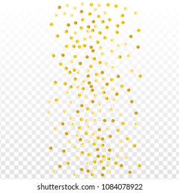 Gold confetti vector background, round tinsel shiny party invitation decor element. Golden dust, flying circle yellow and brown glitter  frame or border. Sparkle dots, 