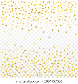 Gold confetti vector background, round tinsel shiny party invitation decor element. Golden dust, flying circle yellow and brown glitter  frame or border. Sparkle dots, 