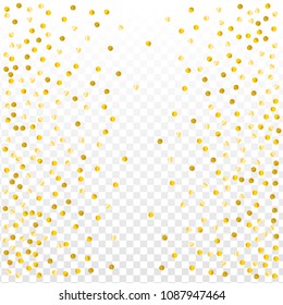 Gold confetti vector background, round tinsel shiny party invitation decor element. Golden dust, flying circle yellow and brown glitter  frame or border. Sparkle dots, 