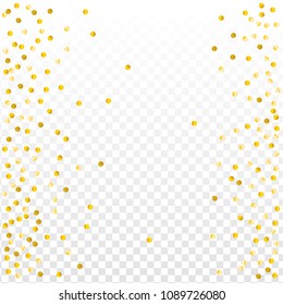 Gold confetti vector background, round tinsel shiny party invitation decor element. Golden dust, flying circle yellow and brown glitter  frame or border. Sparkle dots, 
