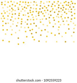 Gold confetti vector background, round tinsel shiny party invitation decor element. Golden dust, flying circle yellow and brown glitter  frame or border. Sparkle dots, 