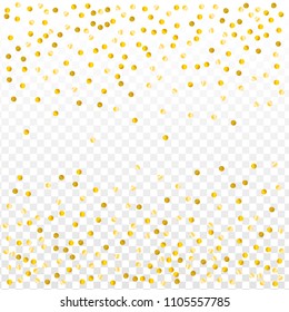 Gold confetti vector background, round tinsel shiny party invitation decor element. Golden dust, flying circle yellow and brown glitter  frame or border. Sparkle dots, 