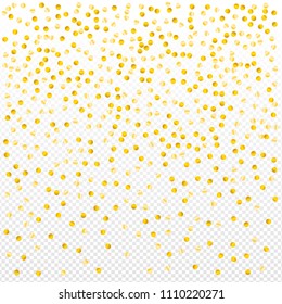 Gold confetti vector background, round tinsel shiny party invitation decor element. Golden dust, flying circle yellow and brown glitter  frame or border. Sparkle dots