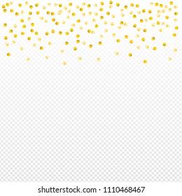 Gold confetti vector background, round tinsel shiny party invitation decor element. Golden dust, flying circle yellow and brown glitter  frame or border. Sparkle dots