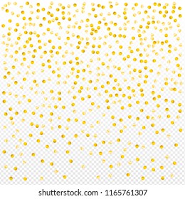 Gold confetti vector background, round tinsel shiny party  decor element. Golden dust, flying circle yellow and brown glitter frame or border. Sparkle dots invitation pattern