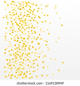 Gold confetti vector background, round tinsel shiny party  decor element. Golden dust, flying circle yellow and brown glitter frame or border. Sparkle dots invitation pattern