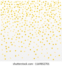 Gold confetti vector background, round tinsel shiny party  decor element. Golden dust, flying circle yellow and brown glitter frame or border. Sparkle dots invitation pattern