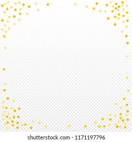 Gold confetti vector background, round tinsel shiny party  decor element. Golden dust, flying circle yellow and brown glitter frame or border. Sparkle dots invitation pattern