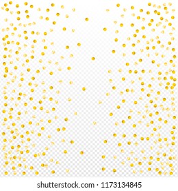 Gold confetti vector background, round tinsel shiny party  decor element. Golden dust, flying circle yellow and brown glitter frame or border. Sparkle dots invitation pattern