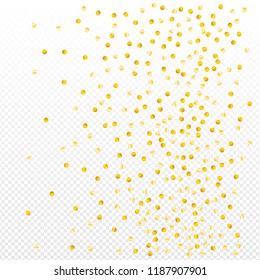 Gold confetti vector background, round tinsel shiny party  decor element. Golden dust, flying circle yellow and brown glitter frame or border. Sparkle dots invitation pattern