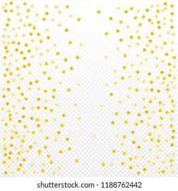Gold confetti vector background, round tinsel shiny party  decor element. Golden dust, flying circle yellow and brown glitter frame or border. Sparkle dots invitation pattern
