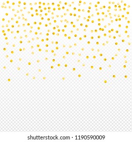 Gold confetti vector background, round tinsel shiny party  decor element. Golden dust, flying circle yellow and brown glitter frame or border. Sparkle dots invitation pattern