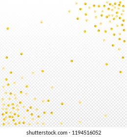 Gold Confetti Vector Background, Round Tinsel Shiny Party  Decor Element. Golden Dust, Flying Circle Yellow And Brown Glitter Frame Or Border. Sparkle Dots Invitation Pattern