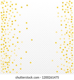 Gold confetti vector background, round tinsel shiny party  decor element. Golden dust, flying circle yellow and brown glitter frame or border. Sparkle dots invitation pattern