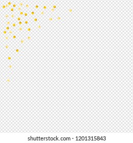Gold confetti vector background, round tinsel shiny party  decor element. Golden dust, flying circle yellow and brown glitter frame or border. Sparkle dots invitation pattern