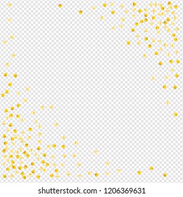 Gold confetti vector background, round tinsel shiny party  decor element. Golden dust, flying circle yellow and brown glitter frame or border. Sparkle dots invitation pattern