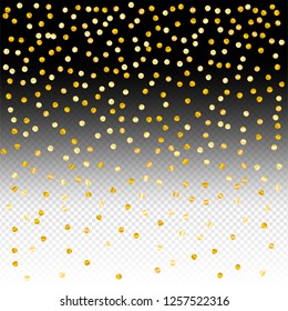 Gold confetti vector background, round tinsel shiny party invitation decor element. Golden dust, flying circle yellow and brown glitter frame or border. Sparkle dots, Vector