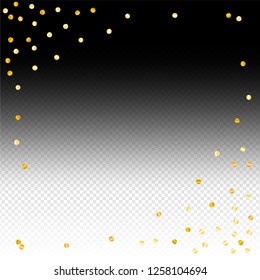 Gold confetti vector background, round tinsel shiny party invitation decor element. Golden dust, flying circle yellow and brown glitter frame or border. Sparkle dots, Vector