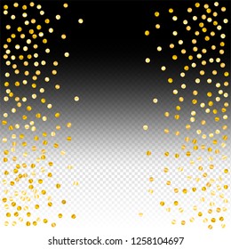 Gold confetti vector background, round tinsel shiny party invitation decor element. Golden dust, flying circle yellow and brown glitter frame or border. Sparkle dots, Vector