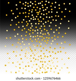 Gold confetti vector background, round tinsel shiny party invitation decor element. Golden dust, flying circle yellow and brown glitter frame or border. Sparkle dots, Vector