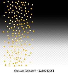 Gold confetti vector background, round tinsel shiny party invitation decor element. Golden dust, flying circle yellow and brown glitter frame or border. Sparkle dots, Vector