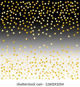 Gold confetti vector background, round tinsel shiny party invitation decor element. Golden dust, flying circle yellow and brown glitter frame or border. Sparkle dots, Vector