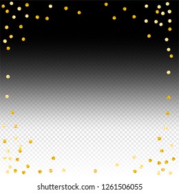 Gold confetti vector background, round tinsel shiny party invitation decor element. Golden dust, flying circle yellow and brown glitter frame or border. Sparkle dots, Vector