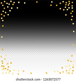 Gold confetti vector background, round tinsel shiny party invitation decor element. Golden dust, flying circle yellow and brown glitter frame or border. Sparkle dots, Vector