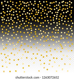 Gold confetti vector background, round tinsel shiny party invitation decor element. Golden dust, flying circle yellow and brown glitter frame or border. Sparkle dots, Vector
