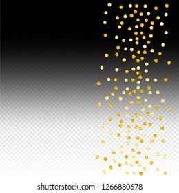 Gold confetti vector background, round tinsel shiny party invitation decor element. Golden dust, flying circle yellow and brown glitter frame or border. Sparkle dots, Vector
