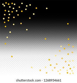 Gold confetti vector background, round tinsel shiny party invitation decor element. Golden dust, flying circle yellow and brown glitter frame or border. Sparkle dots, Vector