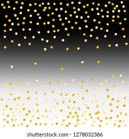 Gold confetti vector background, round tinsel shiny party invitation decor element. Golden dust, flying circle yellow and brown glitter frame or border. Sparkle dots, Vector