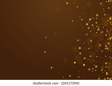 Gold Confetti Vector Brown Background. Luminous Magic Snowflake Design. Winter Snowfall Texture. Subtle Snowstorm Banner.