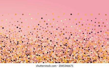 Gold Confetti Vector Pink Background. Sparkling Twinkle Shine Design. Sparkle Light Banner.  Gilded Glamour Universe Pattern.