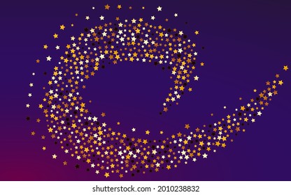 Gold Confetti Vector Purple Background. Gilded Magic Star Banner. Rain Decoration Illustration.  Sparkling Luxury Glitter Design.