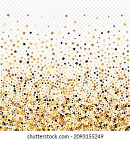 Gold Confetti Vector Transparent Background. Yellow Decoration Sky Banner. Glitter Light Border.  Golden Falling Star Design.