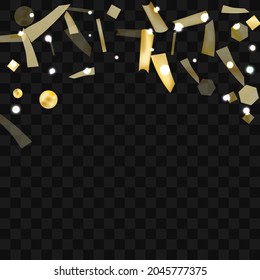 Gold confetti. Vivid blur effect. Festive foil. Great design for any purpose. Holiday, birthday. Gold glitter. Light glare.
