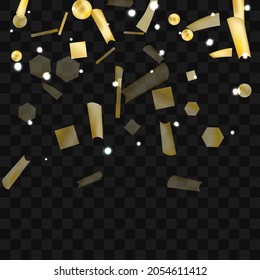 Gold confetti. Vivid blur effect. Festive foil. Great design for any purpose. Holiday, birthday. Gold glitter. Light glare.
