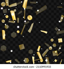 Gold confetti. Vivid blur effect. Festive foil. Great design for any purpose. Holiday, birthday. Gold glitter. Light glare.
