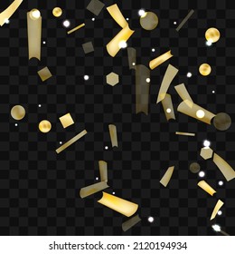 Gold confetti. Vivid blur effect. Festive foil. Great design for any purpose. Holiday, birthday. Gold glitter. Light glare.
