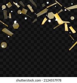 Gold confetti. Vivid blur effect. Festive foil. Great design for any purpose. Holiday, birthday. Gold glitter. Light glare.

