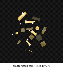 Gold confetti. Vivid blur effect. Festive foil. Great design for any purpose. Holiday, birthday. Gold glitter. Light glare.
